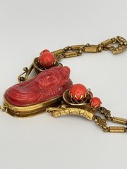 Vintage 1920s-1930s Art Deco Czech Faux Coral Cameo Brass Tassel Necklace