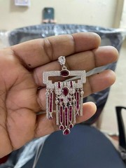 Art Deco Style Lab Created Ruby & Diamond 14K White Gold FN Engagement Pendant