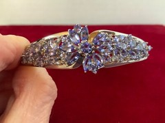 RARE NATURAL TANZANITE DIAMOND FLOWER STERLING 7 1/2” BANGLE BRACELET NEW
