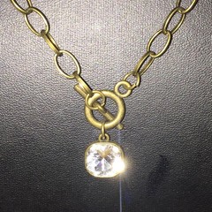 Vintage Pendant Necklace Antique Gold Tone Metal Long Acrylic Crystal Toggle