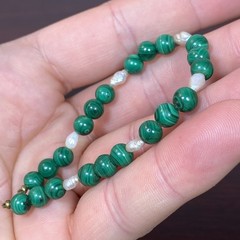 VTG Round Malachite Beads (No Clasp) Fresh Water Pearls Segment Bracelet 6-3/8”