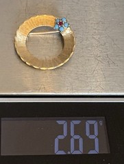 60s Retro 14K Brushed Gold Circle Pin Turquoise Ruby Flower Vintage Brooch 1″
