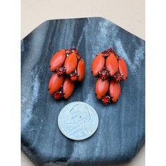 Vintage Orange Cabochon Red Rhinestone Cluster Clip On Earrings MCM Retro