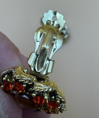 Vintage Rhinestone Clip-on Earrings Orange Green Yellow Flower Shape Judy Lee