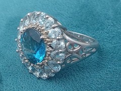 Pretty Sterling Silver Ring Round London Blue & Oval Blue Topaz Stones Size 5.75