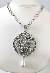 Lg 1974 Vintage AVON Silvertone Medallion Pendant W/Pearl Drop Gothic Style