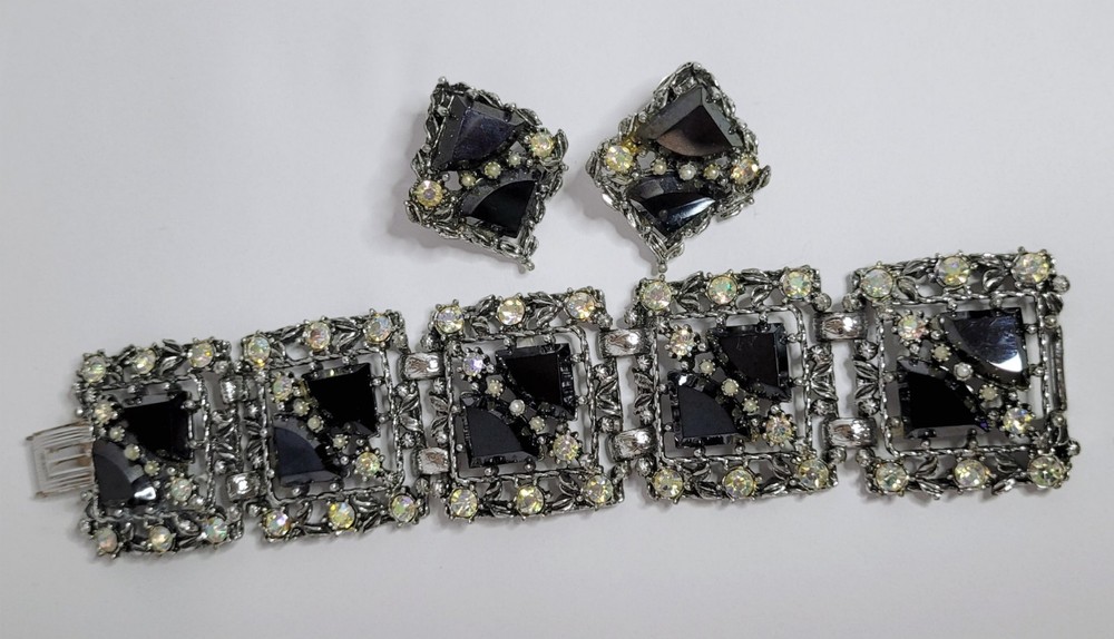 Wide Rhinestone Panel Bracelet 5 link & Earrings Set ab black rhinestones vtg