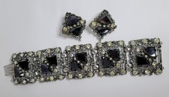 Wide Rhinestone Panel Bracelet 5 link & Earrings Set ab black rhinestones vtg