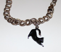 FAS 925 Italy Vintage Double Link Bracelet With Enamel Black Cat Charm 7″