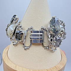 Vintage Silver Toned Bar Link Bracelet Smokey Glass Faux Pearl Size 6.5