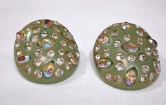 Vintage Weiss Aurora Borealis Earrings GREEN Bakelite Clip-on Tested Signed