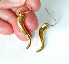 Horn Earrings Cornicello Drop Dangle Hook Yellow Gold Plated Estate VTG NOS