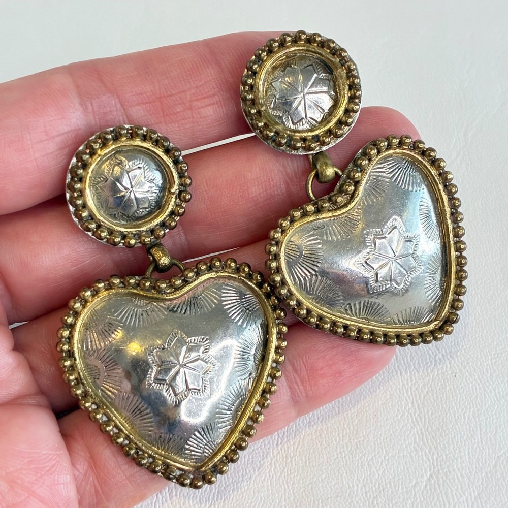 Vintage Heart Earrings Mixed Metal Gold Silver Tone Clip On Statement Elegante