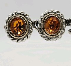 Vintage Clip on Earrings Orange Crystal Cable Twist Two tone Gold Silver .75 in