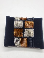 Black, Silver & Gold Woven Seed Bead Bracelet Geometric Pattern 7″