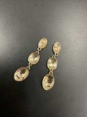 Vtg Earrings MONET Pierced Milk White Dangle Drop Yellow Gold Plate 2.75″