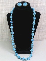 Miriam Haskell Venetian Pinched Art Glass Necklace And Earrings Blue Gold Swirl