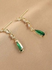 Pear Green Emerald & Lab Created Diamond Drop/Dangle 14K Yellow Gold FN Earrings