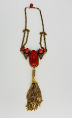 Vintage 1920s-1930s Art Deco Czech Faux Coral Cameo Brass Tassel Necklace