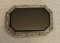 Vintage 925 Sterling Silver Black Onyx Marcasite Brooch Art Deco Revival Octagon