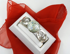 Vintage PAZ Israel 925 Sterling Silver Cuff Bracelet Roman Glass Scroll Jewelry