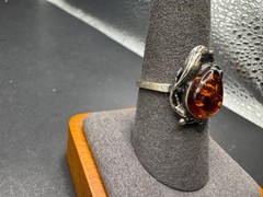 Vintage Baltic Amber Sterling Silver 925 Ring Teardrop Cabochon Ornate Sz 9.75