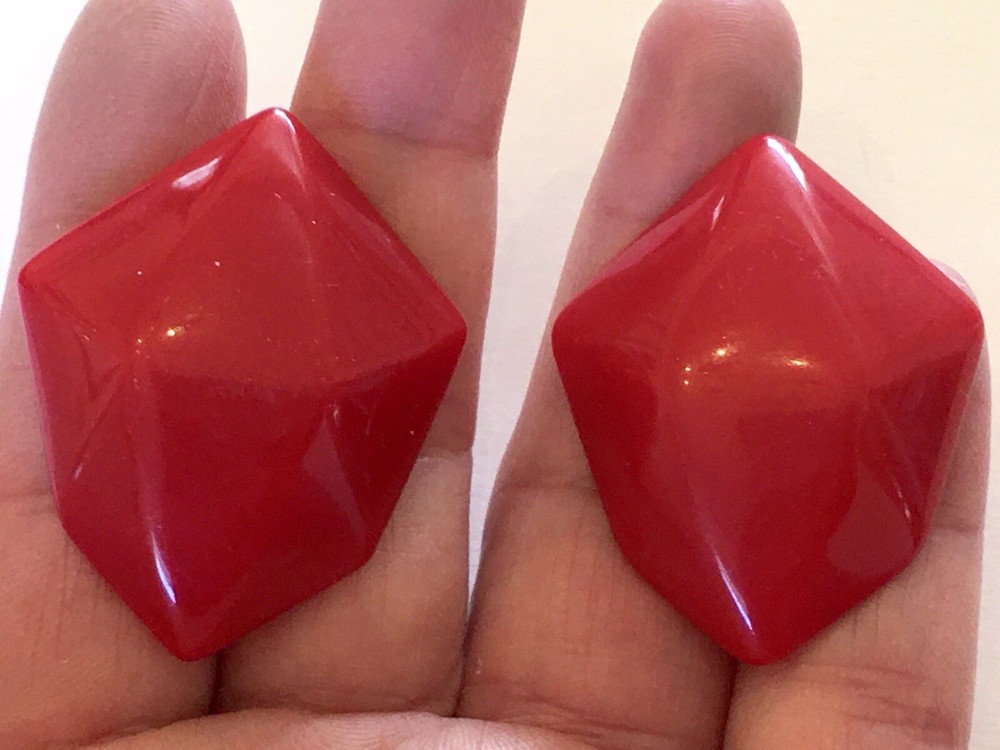 Vintage MONET ~ Big 1.75” Irregular Polygon ~ Red Lucite Clip Earrings