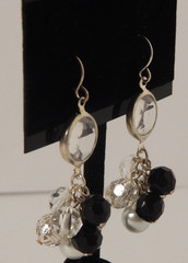 Faceted Crystal, Black, Silver and faux Pearl Bead Dangle Pierced Earrings EUC