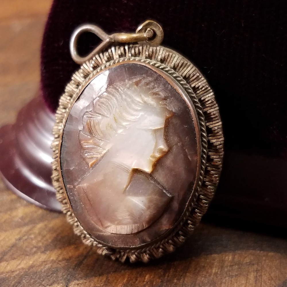 Antique Vintage Cameo Pendant Carved Black Shell Estate Collectible Charm