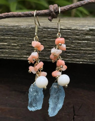 Aquamarine natural coral earrings with pearls