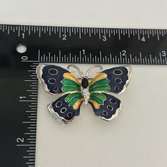 Vintage Blue Green Yellow Enamel Butterfly Silver Tone Rhinestone Brooch Pin