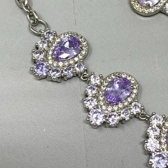 Purple Glass Rhinestone Necklace Silver Tone Links Teardrops Party Glam 20″