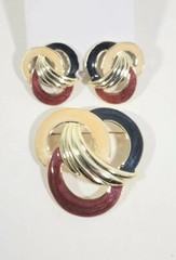 Vintage Estate Pearlescent BROOCH EARRING SET Cream Blue Maroon GoldTone EUC