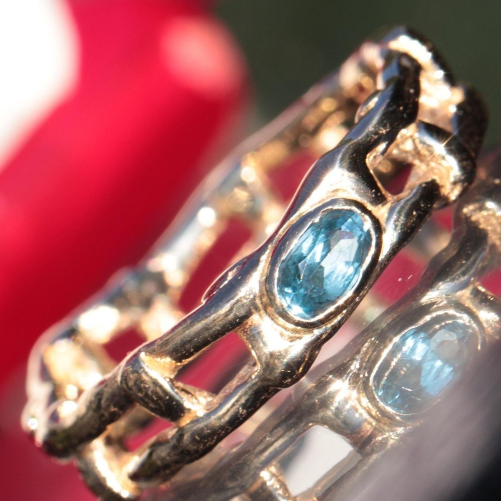 14k yellow gold ring 0.24c blue topaz solitaire sz 9.5 band handmade 5.80g N2640