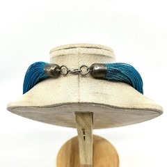 Vintage Retro Multi-Strand Blue Silk Thread Shimmer Choker Necklace Teal Boho