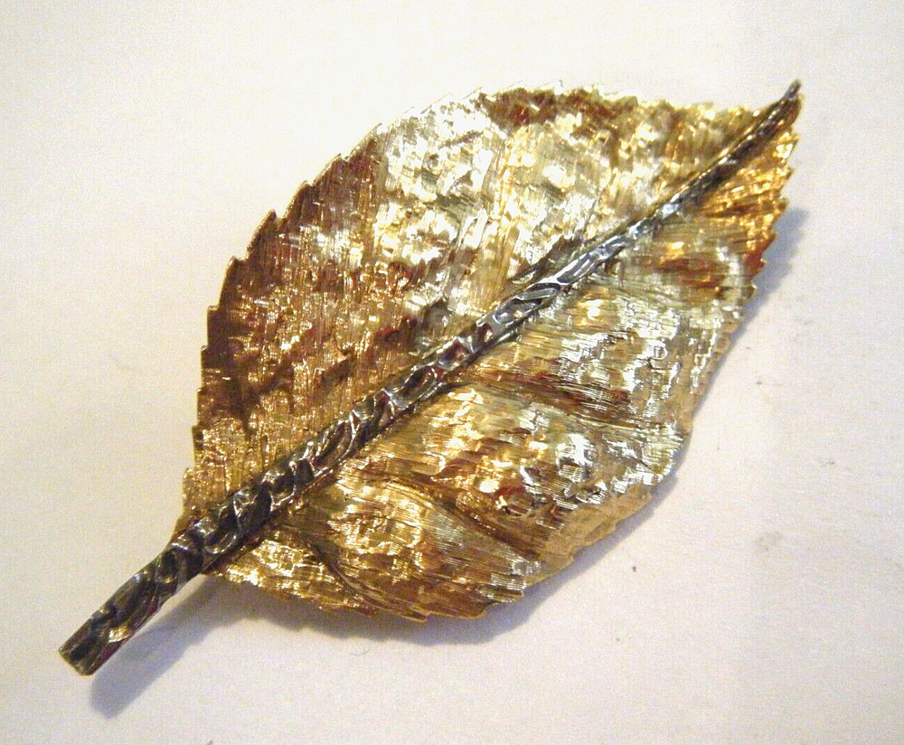 Vintage 1960s Lovely 18K Multi – Tone Gold 2″ Realistic Leaf Brooch Pin 6.6g