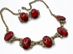 Vintage Satin Plastic Cabochons Rhinestones Necklace Earrings Set