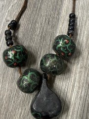 Vintage Folk Art Snake Necklace Hand Painted Beads Leather Cord Tribal Primitive