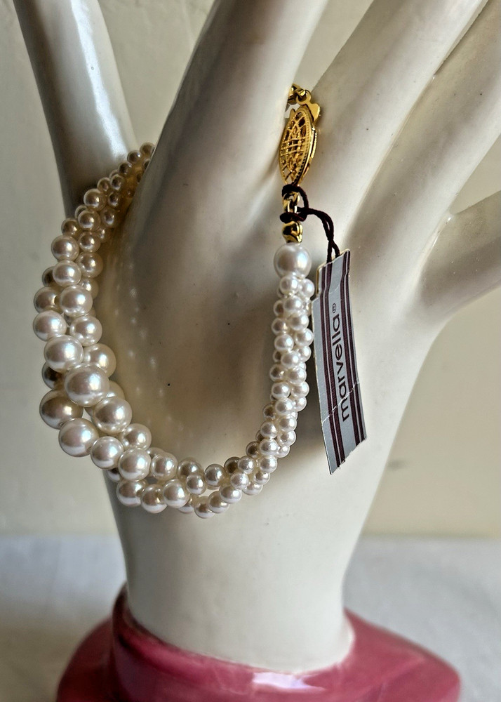 Vtg Marvella Multi Strands Faux Pearl Bracelet Original Tag