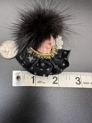 VTG Lady Face Brooch Pin Black Fur Feather Hat Faux Pearls Art Deco Statement