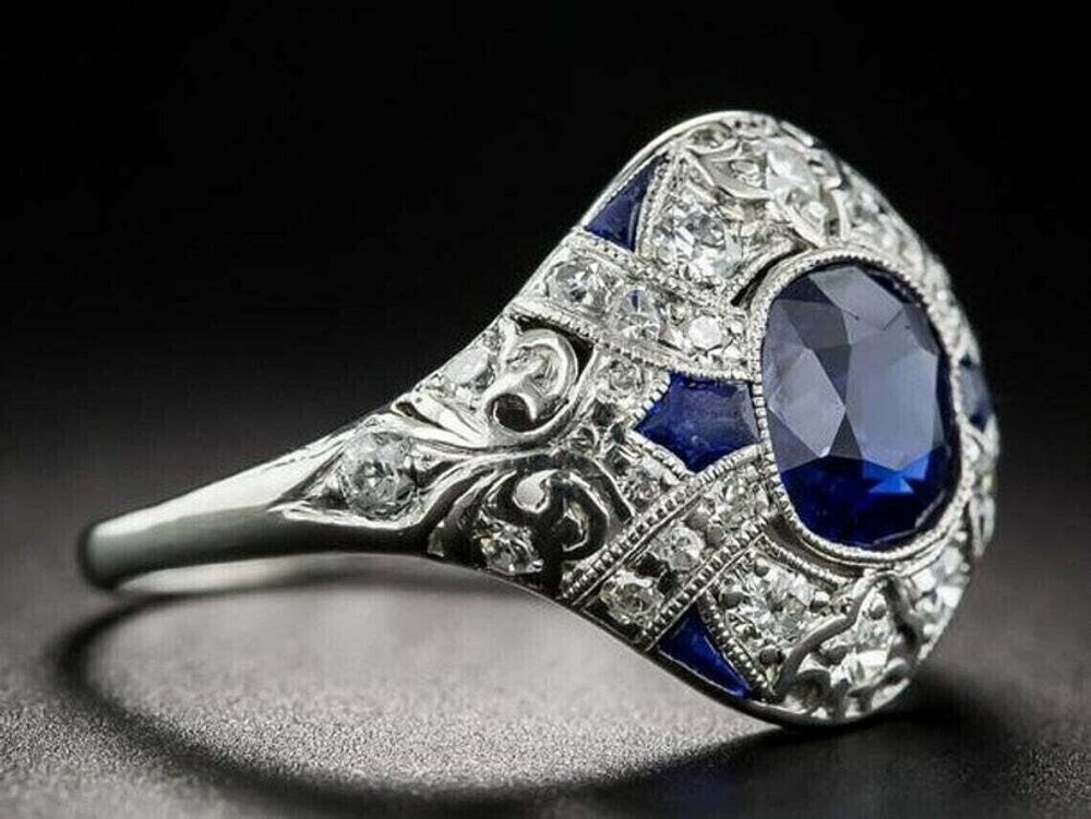 Art Deco Vintage Blue Sapphire & Lab Created Diamond 14K White Gold Plated Ring