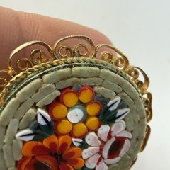 Vintage Micro Mosaic Floral Green Yellow Red Round Brooch Pin Italy