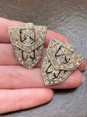 Antique Vintage Silver Plated Pot Metal & Pave Crystal/Rhinestone Dress Clips