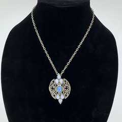 Vintage Miracle Celtic Pendant Necklace Blue Cabochon Faux Opal Silver Tone 17in