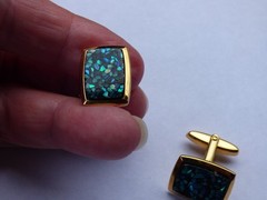 Fathers Day Rectangle Vibrant Inlay Abalone Gold Tone Cufflinks 3/4”