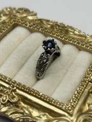 Vintage Gothic Black Stone Ring Size 7 Silver Tone Scroll Filigree Victorian
