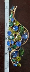 Vintage Blue Green Rhinestone Leaf Brooch Gold Tone Large 3.5″ Statement Pin