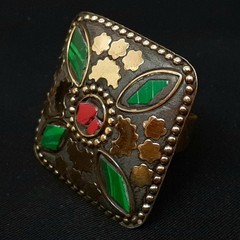 Vintage 2.50ctw Coral & Malachite 14K Yellow Gold Silver Adjustable Ring 14.4g