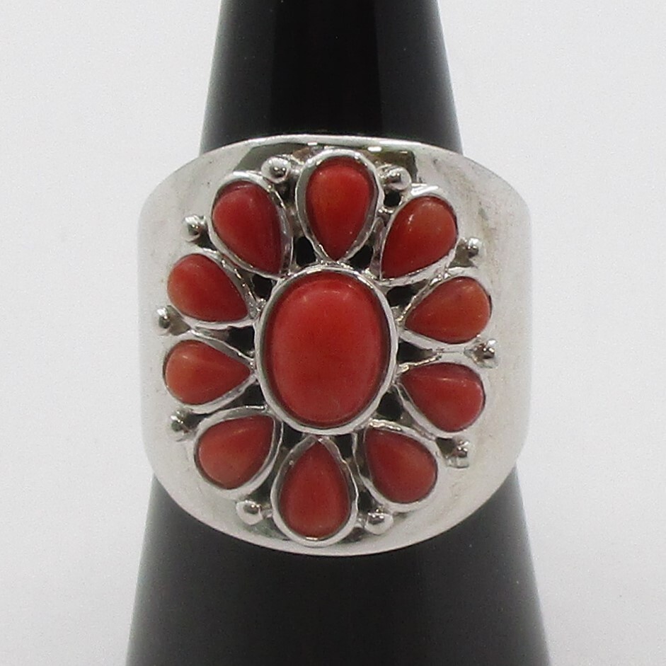1.48CTW Oval and Pear Shape Coral Southwestern Style Sterling Silver Ring Size 8