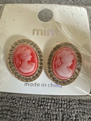 Hot Pink Cameo On Goldtone with Rhinestones Post Earrings